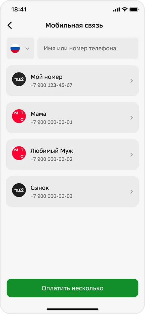Экран со списком ранее оплаченных номеров
